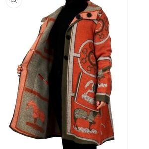 Rust & Gray Horse Motif Long Cardigan Sweater